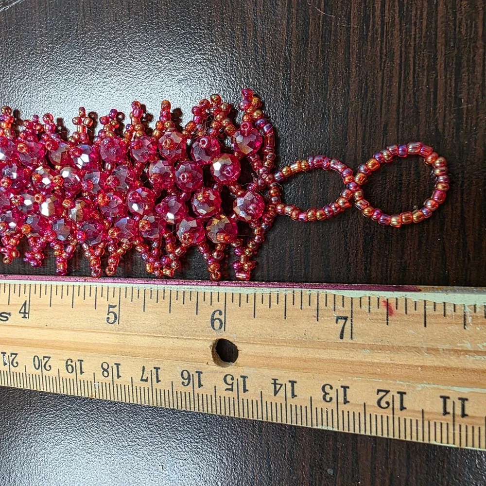 Handmade Magenta Red Beaded Cuff Bracelet Faceted Glass Seed Bead Statement 7.5